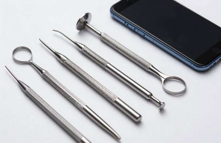 An elegant arrangement of professional dental tools and a smartphone on a clean white surface, symbolizing the fusion of dentistry and technology, professional photography.