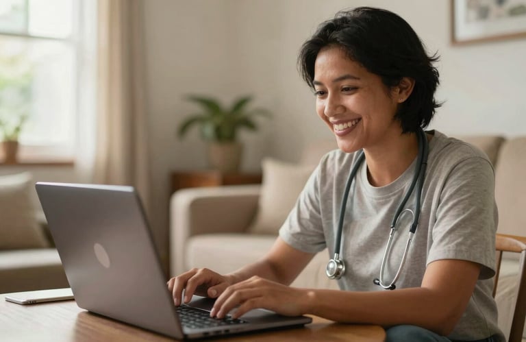 A South American patient smiling at their laptop screen while in a cozy living room, symbolizing accessible and friendly digital healthcare, warm morning light.