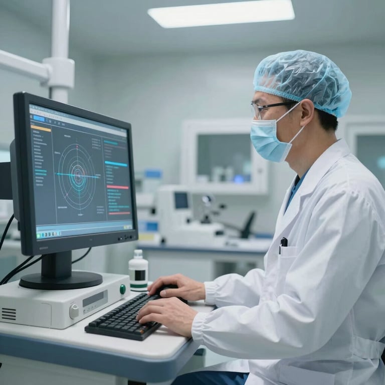 A healthcare professional in a clean white coat interacting with a high-tech medical console in a modern North American research facility.