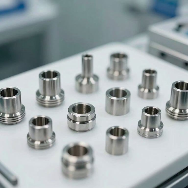 Macro photography of high-precision stainless steel medical components arranged neatly on a white surface in a sterile North American facility.