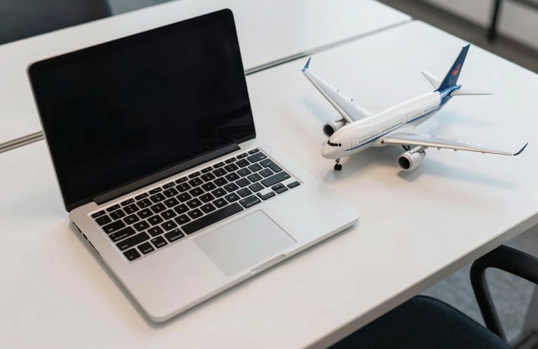 A top-down view of a designer's desk in a modern North American office, featuring a silver laptop and a high-quality aircraft scale model. Minimalist, clean, and professional workspace.