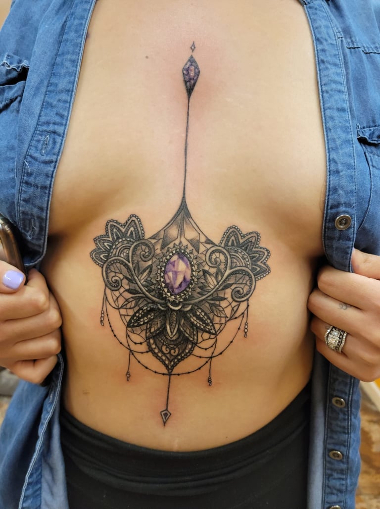 Tatuaje profesional detallado estilo realismo de flor con diamantes en abdomen Detroit Aztec Tatto Leon Guanajuato