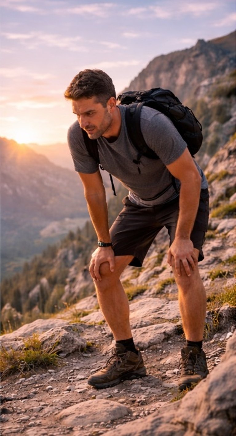 A tired male hiker resting on a rocky mountain trail during a sunset trek.