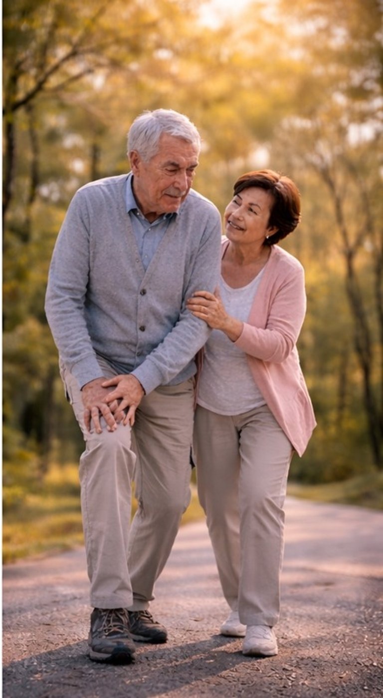 An elderly woman supporting a senior man with knee pain during a walk in the park.