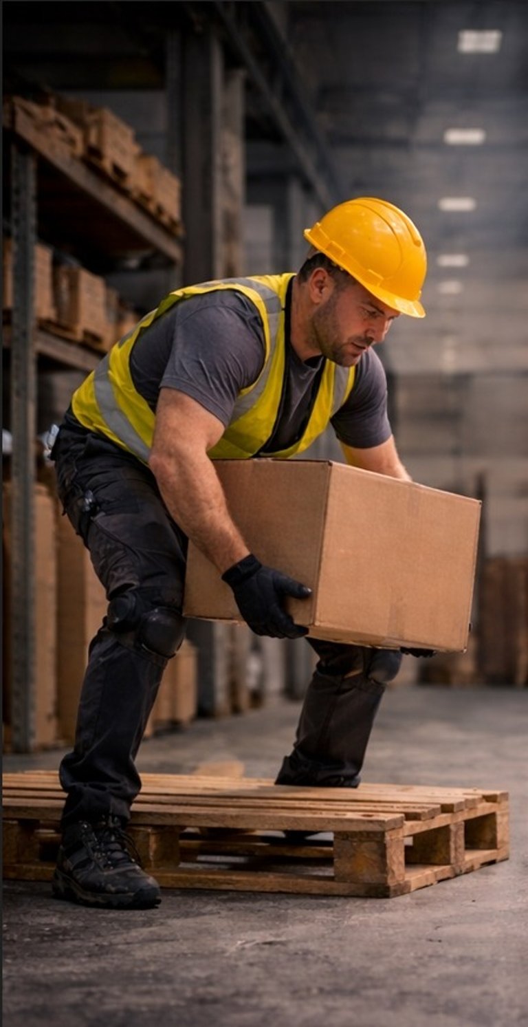 Warehouse worker in a yellow hard hat lifting a heavy cardboard box using safe manual handling techniques.