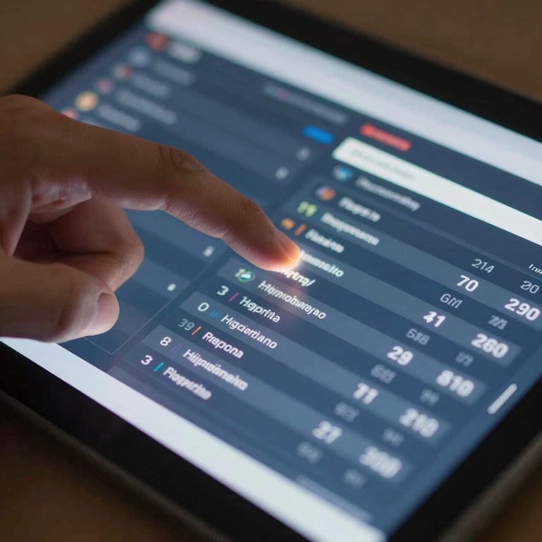 Close-up of a person's thumb interacting with a sleek, glowing touchscreen interface showing sports statistics, cool white and navy blue tones, Hispanoamericano / Global.