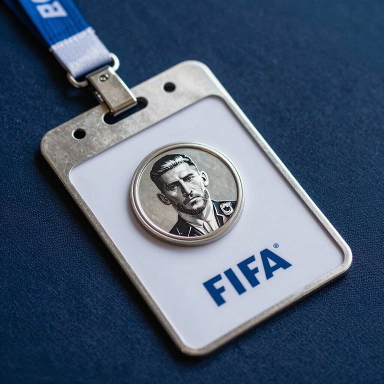 A close-up of a digital security badge and a metallic FIFA seal on a dark blue fabric background, sharp focus, professional lighting, silver tones.