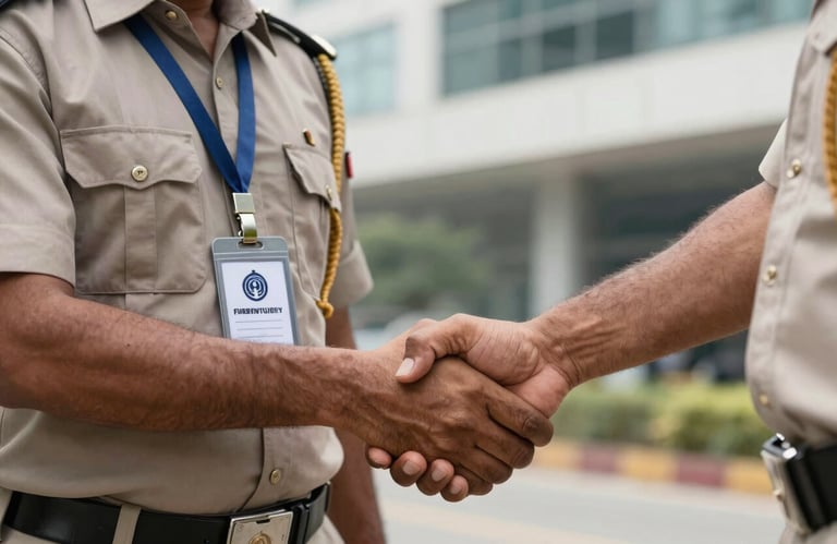 A detailed shot of a professional security badge and a firm handshake between a supervisor and staff in a South Asian / Indian business hub.