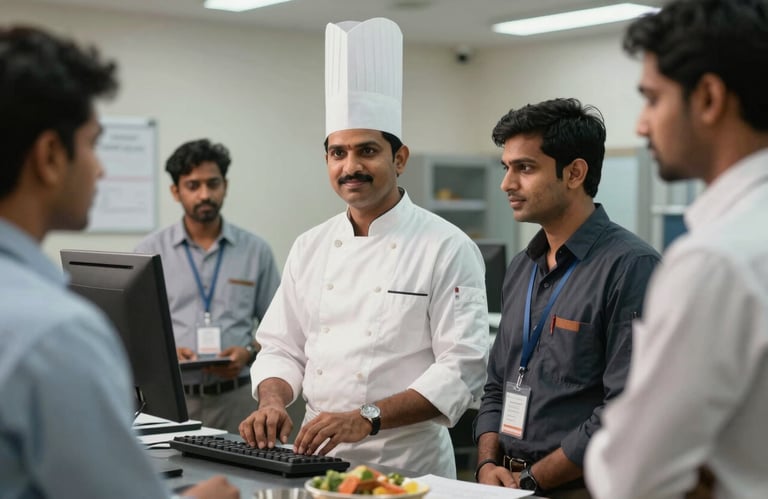 A group of professional employment staff, including a chef and an office peon, in a clean South Asian / Indian workplace environment.