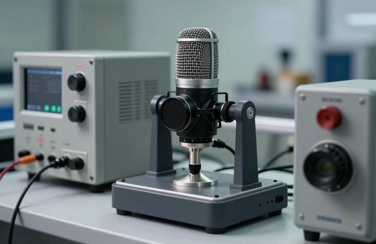 A professional product photograph of a microphone's polar pattern testing setup, with technical equipment in a grey and charcoal industrial aesthetic, shot in a research facility in Mainland China.