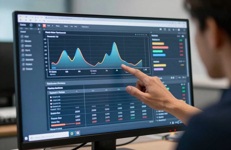 A close-up of a professional analyzing digital performance metrics on a high-definition monitor in a US office, lit with steel blue.