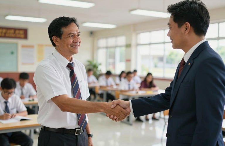 A professional handshake between an educator and a principal in a bright Southeast Asian / Thai school foyer.
