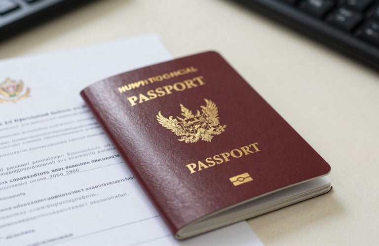 Close-up of a passport and official documents on a clean cream-colored desk in a Southeast Asian / Thai administrative setting.
