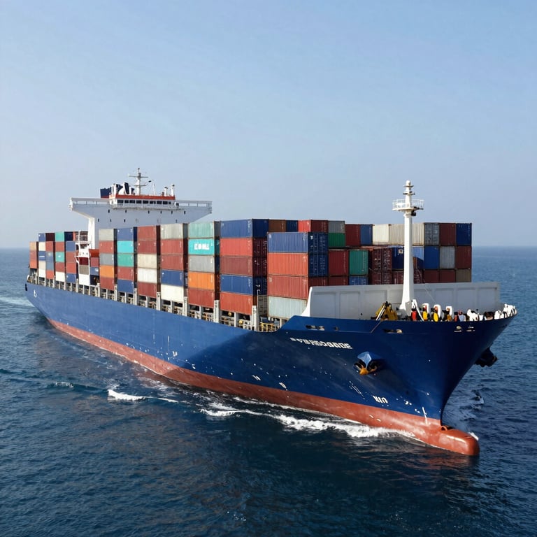 A massive container ship navigating through calm deep blue waters, loaded with colorful shipping containers, International / Global Business maritime transport, bright daylight.
