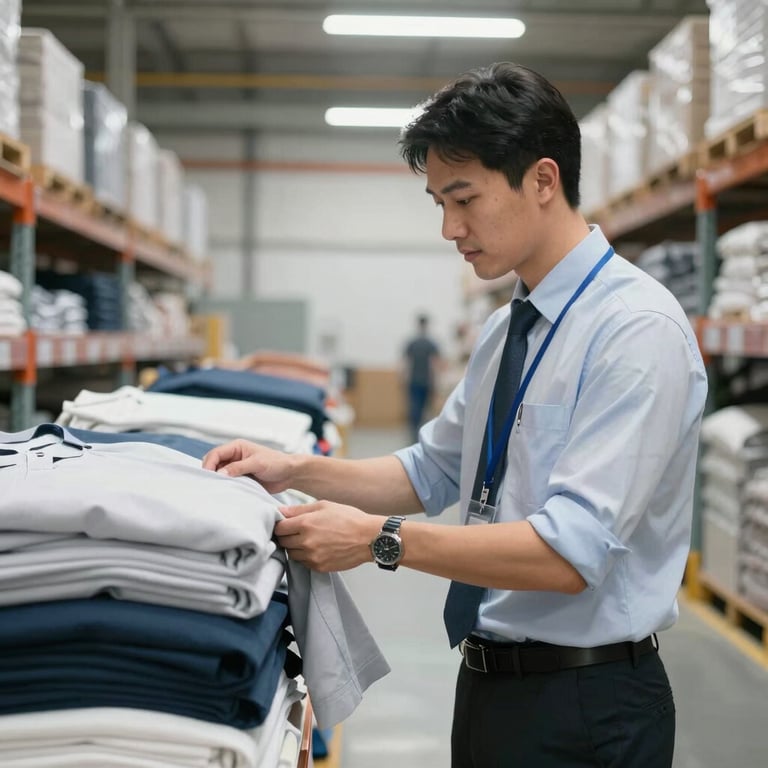 A professional warehouse manager in corporate attire inspecting high-quality textile uniforms in a bright, modern logistics facility, International / Global Business setting.