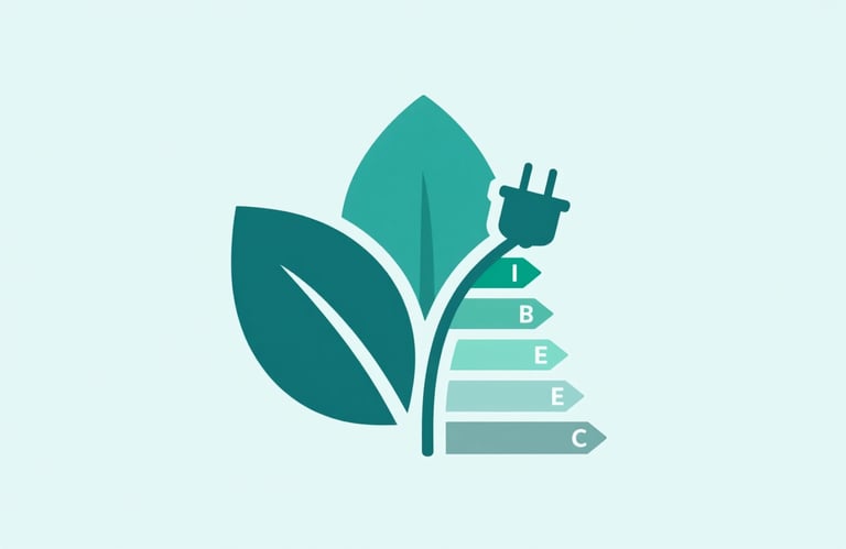 A symbol representing energy efficiency: a stylized leaf integrated with a power plug icon. Clean vector style using brand teal (#2A6E7D) and light blue (#8EC7CE).