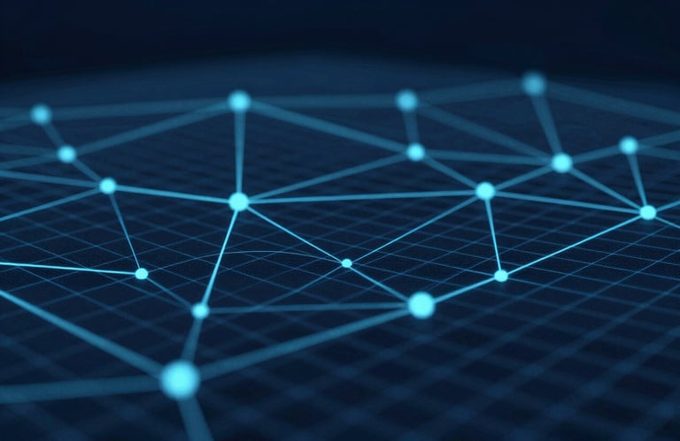 An abstract 3D visualization of a digital grid network, symbolizing innovation. Incorporates lines and nodes in dark blue (#0E293F) and light blue (#8EC7CE). Minimalist and futuristic.