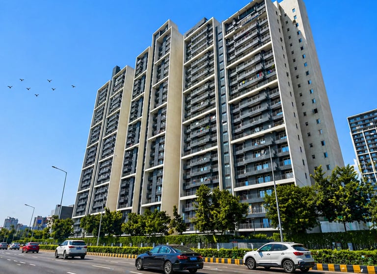 Modern high-rise residential apartment building with balconies and cars on a city street.