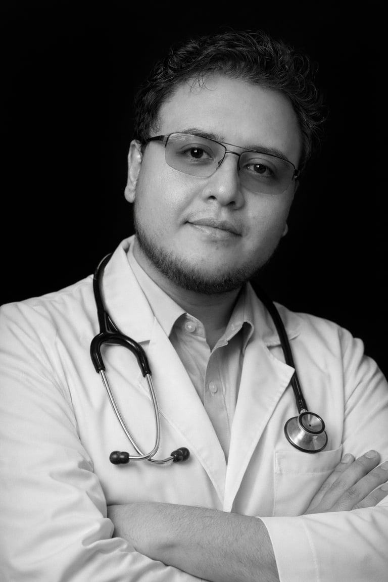 Medico profesional usando una bata y un estetoscopio en un retrato blanco y negro