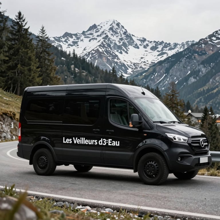 A professional black utility vehicle parked on a winding mountain road. The logo and title 'Les Veilleurs d'Eau' are clearly visible on the door. Majestic snowy peaks and evergreen trees in the background.