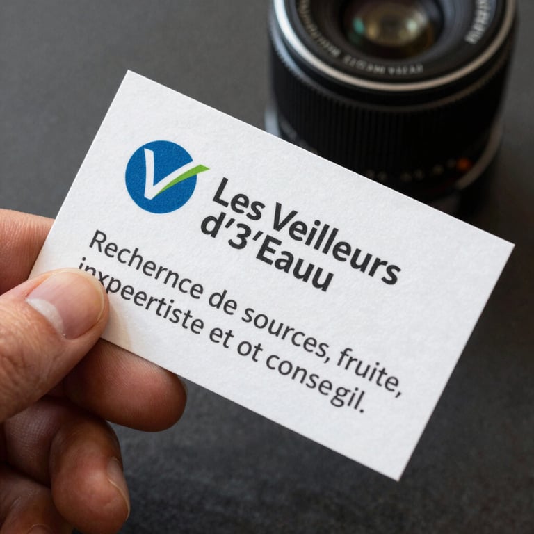 A close-up photograph of a professional business card held in a hand. The card shows the 'Les Veilleurs d'Eau' logo and lists: Recherche de sources, fuite, infiltration, expertise et conseil.