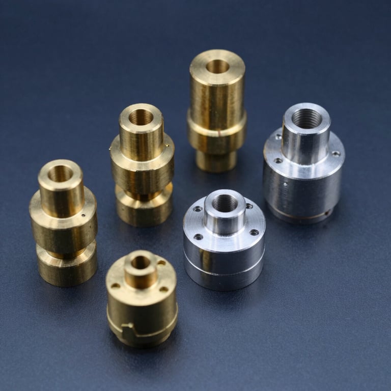 Studio photography of several high-precision machined brass and steel components arranged neatly on a dark navy blue surface, sharp focus, technical lighting.