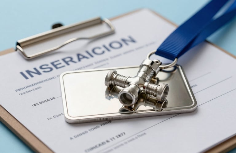 A macro shot of a shiny silver plumbing license badge and an insurance certificate on a clipboard, professional setting in a North American / US - Florida office, crisp focus, soft sky blue background.