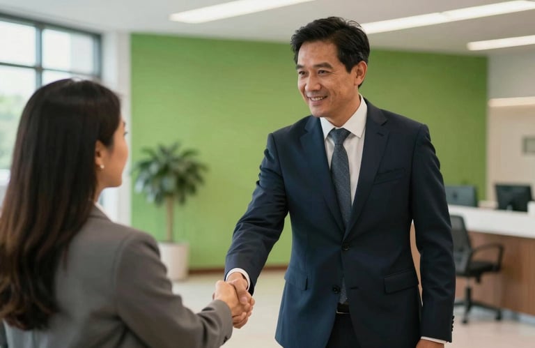 A North American / Mexican consultant shaking hands with a client in a bright, modern corporate lobby, forest green accents in the background, trustworthy vibe.
