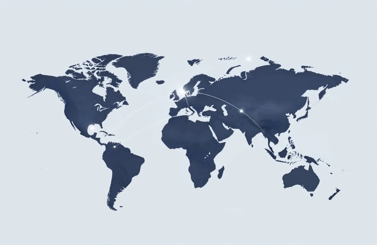 A minimalist 3D graphic of a world map with glowing dots representing distribution hubs, connected by elegant arcs. The aesthetic is clean and modern, using #2E5F7B and #1A202C on a light blue-grey background.