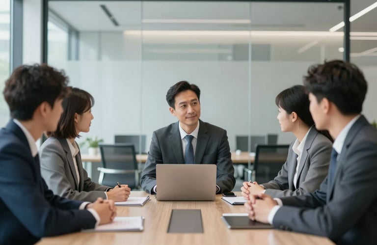 A professional business meeting environment with a focused, modern aesthetic. Clean lines, glass surfaces, and a palette of #1A202C and #AABCCF represent partnership and trust.