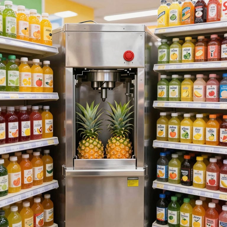 Automatic pineapple juice machine in a grocery store aisle surrounded by bottled fruit juices.