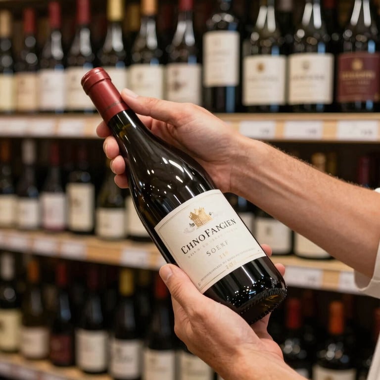 Close-up of a sommelier's hands carefully handling a premium bottle of wine in a South American upscale shop.