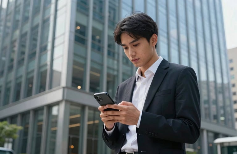 A young professional checking a smartphone while standing in front of a modern Steel Blue glass building in a North American / US urban financial district.