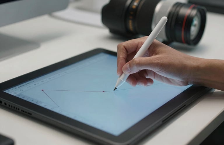 Close-up of a professional designer's hand using a precision stylus on a high-end digital tablet in a bright North American / US design studio with Alice Blue lighting.