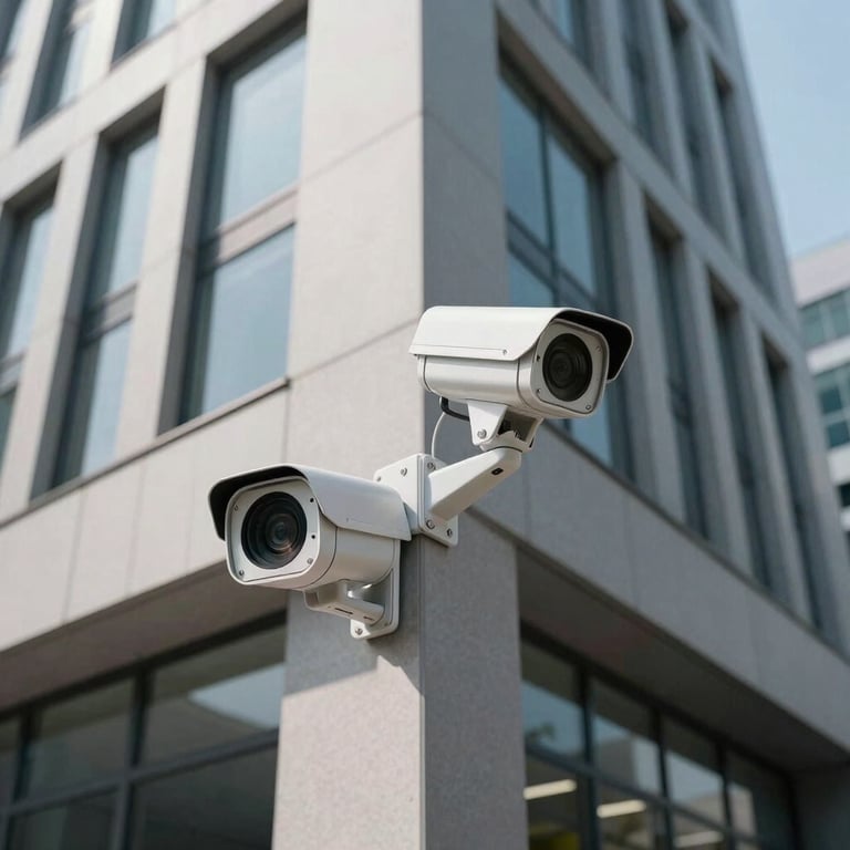 A high-definition security camera installed on the corner of a contemporary corporate building under a bright sky.