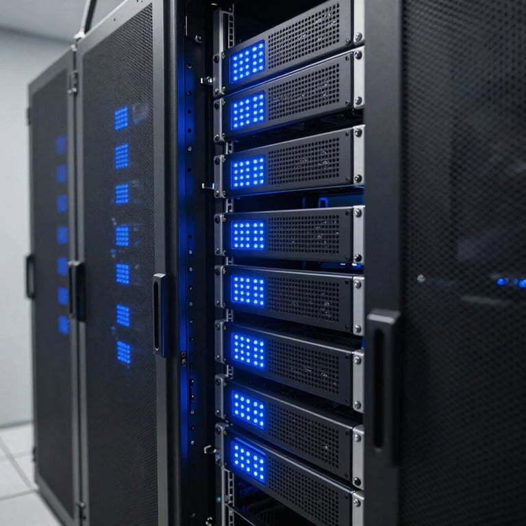 Modern rack of servers with glowing ocean blue LED lights in a clean Latin American / Hispanic data center.