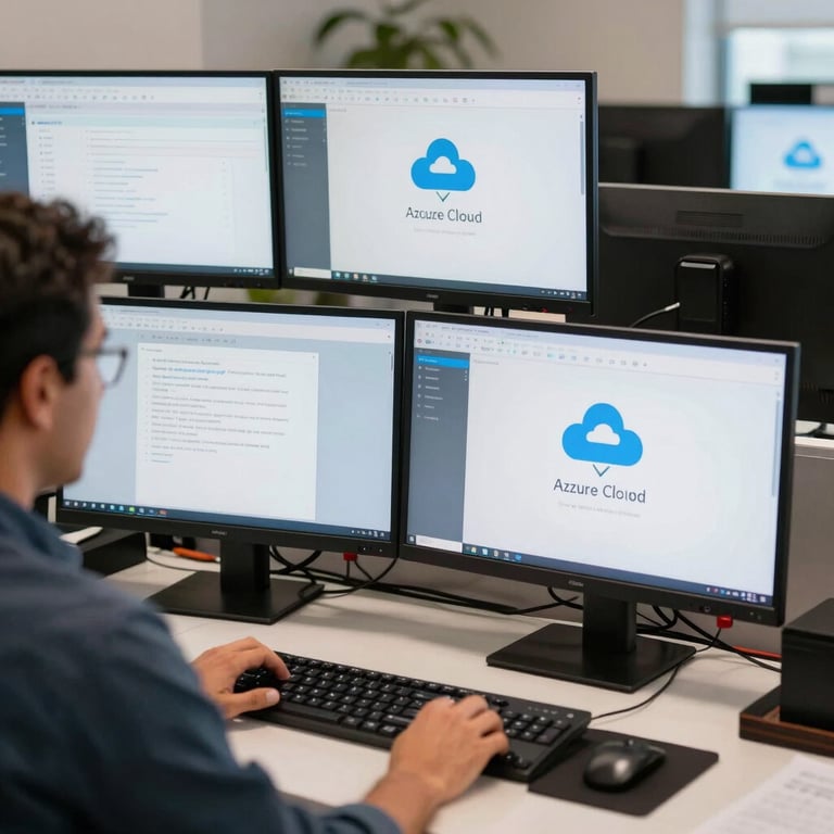 A professional workstation in a Latin American / Hispanic office showing multiple monitors with Azure cloud management tools.