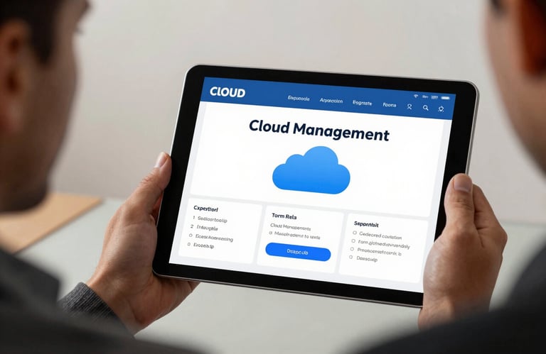 Close-up of a tablet displaying cloud management tools, held by a professional in a Latin American / Hispanic office setting with soft off-white walls.