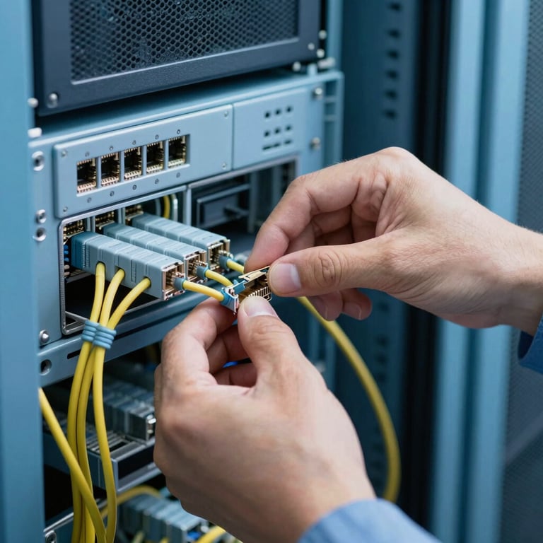Close-up of a technician's hands neatly organizing networking cables in a sky blue server cabinet.