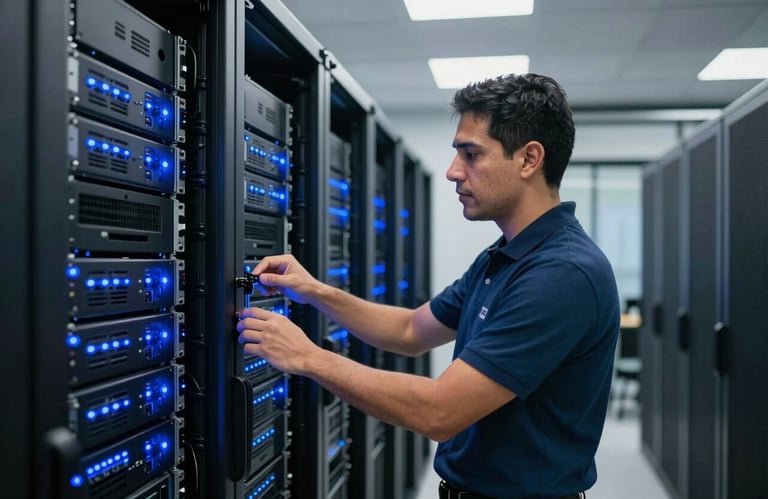 Modern data center corridor with blinking azure blue lights, deep charcoal black server racks, professional in a Latin American / Hispanic workplace checking equipment.
