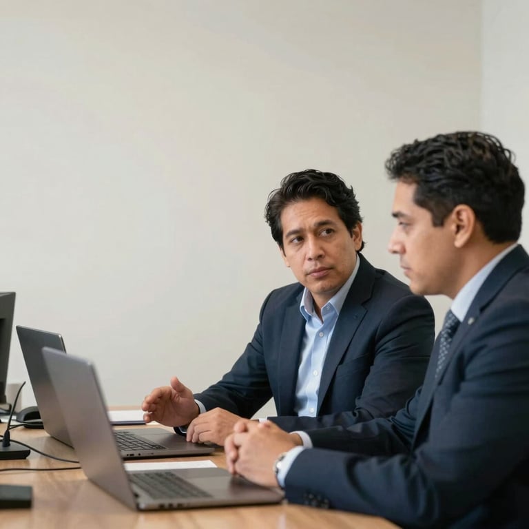 Two IT consultants in a Latin American / Hispanic office having a professional discussion with laptops open, soft off-white walls.