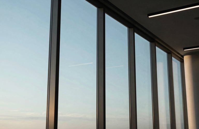 A detailed shot of a modern office interior with large glass windows reflecting soft sky blue light, minimalist aesthetic.