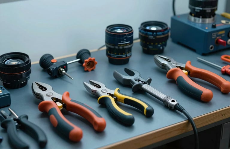 A collection of high-end professional electrical tools neatly laid out on a workbench in a Middle Eastern / Turkish setting, soft sky blue and dark charcoal blue colors.