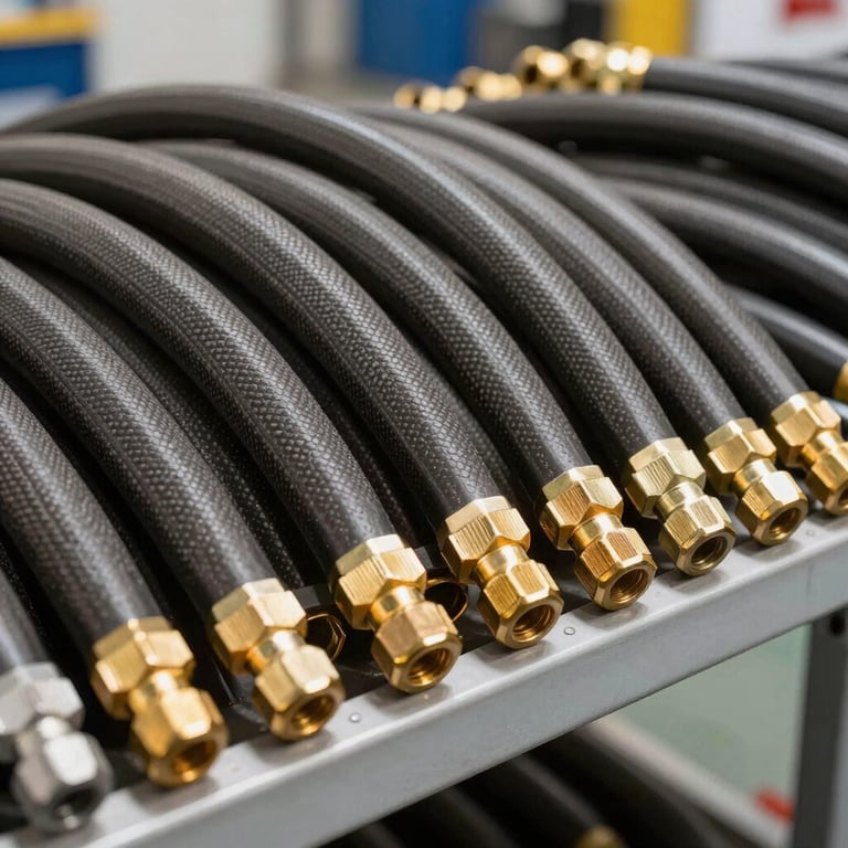 A display of heavy-duty hydraulic hoses coiled on a clean, industrial rack. The focus is on the textured outer casing and the bright brass end-fittings. Professional lighting in a Jerusalem facility.