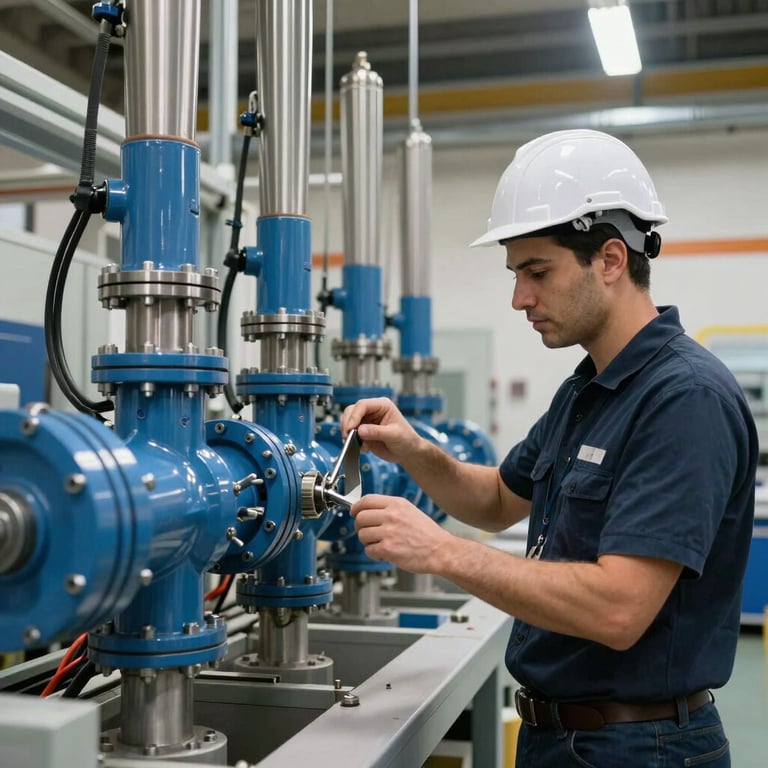 A professional engineer in a modern Jerusalem facility inspecting a complex hydraulic manifold. The lighting is bright and technical, highlighting steel blue components.