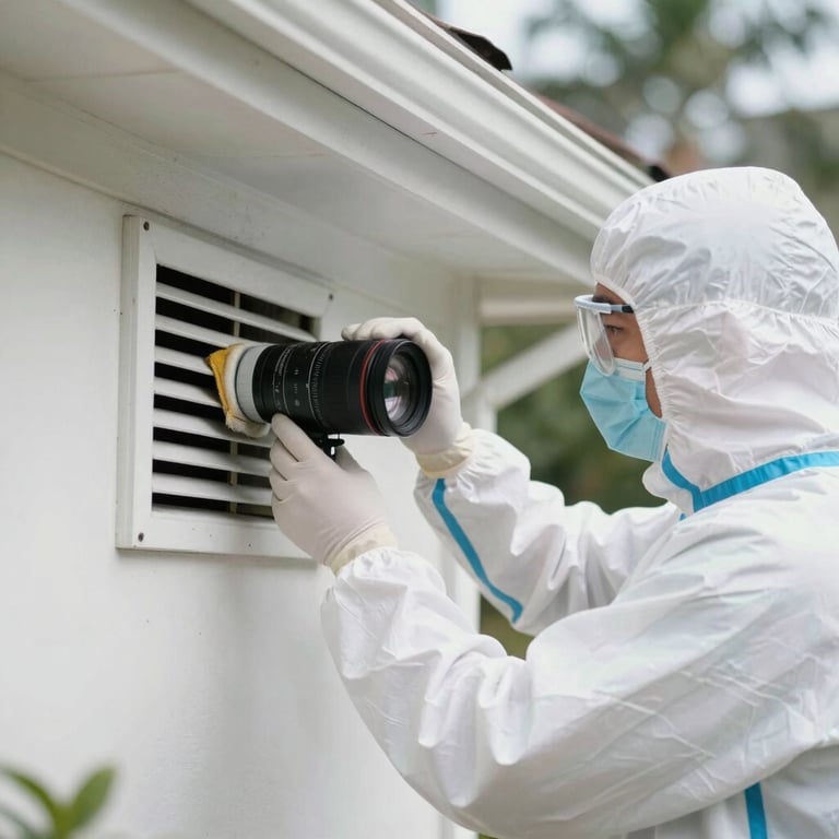A technician wearing professional white protective clothing meticulously cleaning a vent system in a bright North American / US (Florida) house.