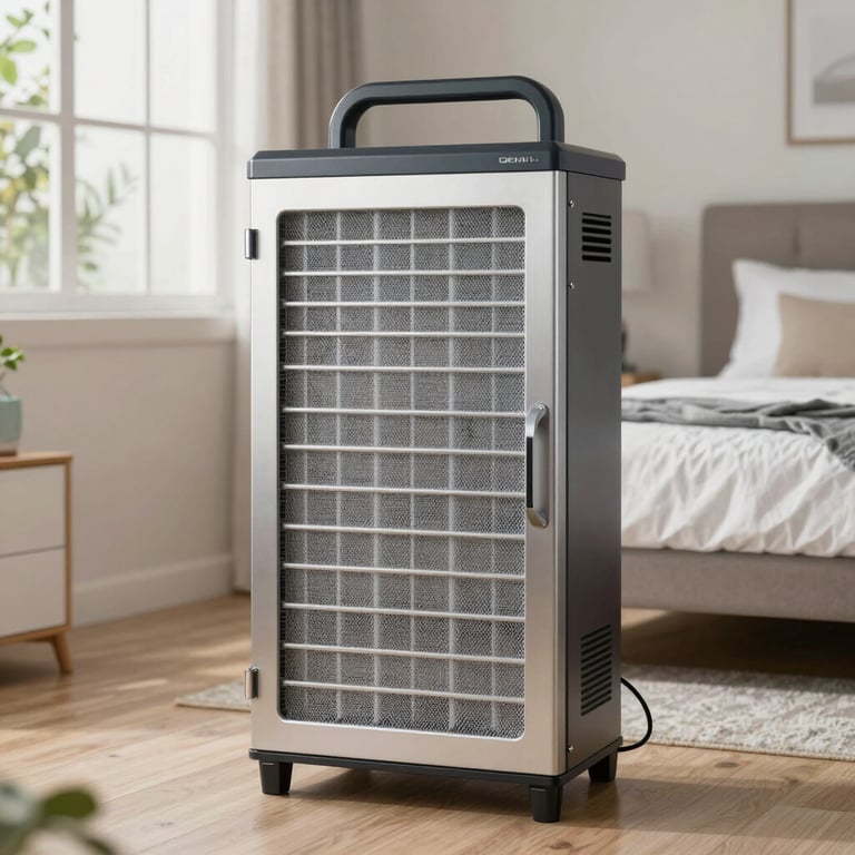 A high-tech industrial HEPA air scrubber running in a clean residential bedroom, filtering the air during a sanitization process in a North American / US (Florida) home.