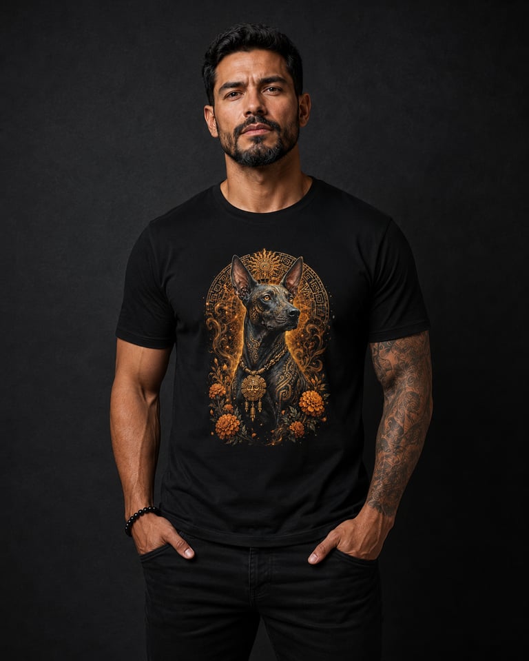 Man wearing black graphic t-shirt with Aztec dog art and floral patterns on a dark background.