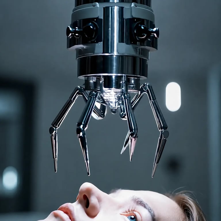 Hightech-Chirurgieroboter mit präzisen, nadelartigen Greifarmen, der über dem Gesicht eines Patiente