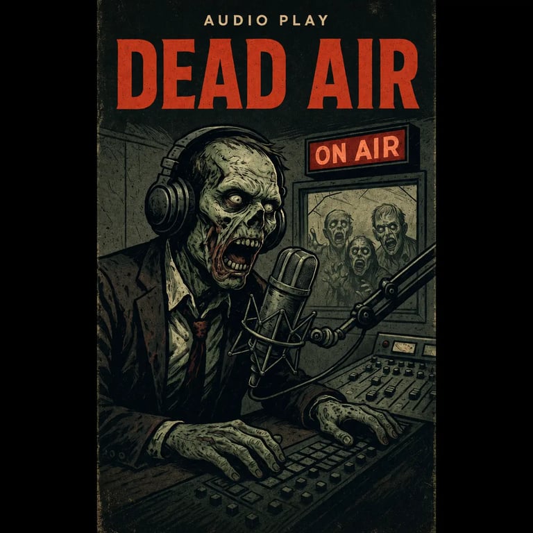 Horror-Hörspielposter mit einem zombifizierten Radiomoderator, der Kopfhörer trägt